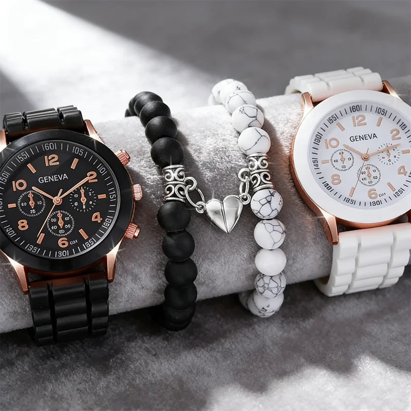 4pcs Fashionable, Minimalist, and Versatile Men AND WOMEN'S Couple Watch Pairing with Love Bead Bracelet Set Qme