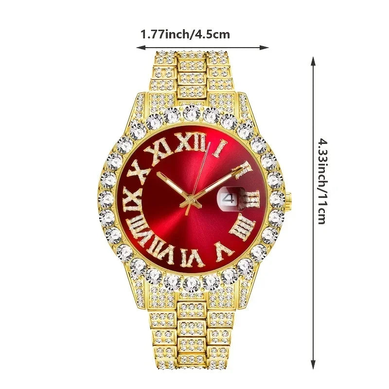 European and American men's personalized hip-hop feng shui ghost Roman diamond studded quartz watch men+hip-hop bracelet Qme