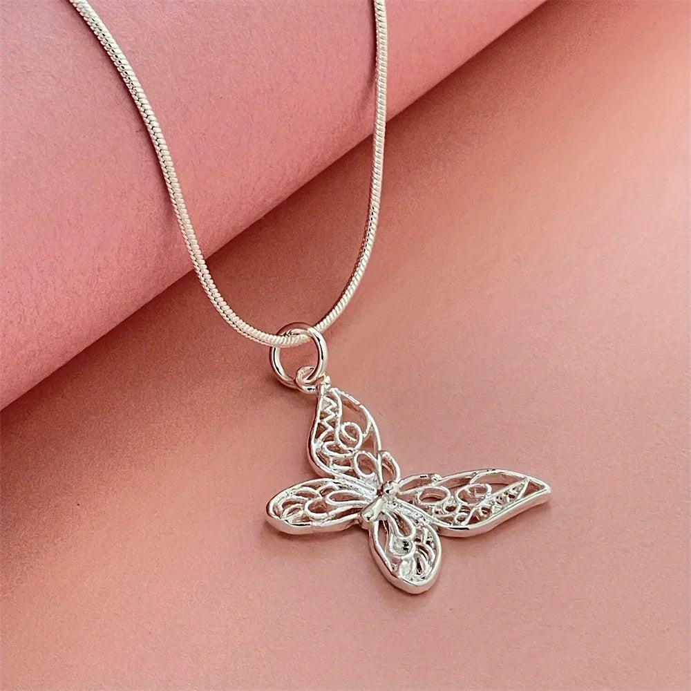 Fashion kpop 925 Sterling Silver Butterfly Necklace 18/20/22/24/28/30 inch Snake Chain For Women Wedding Engagement Jewelry Qme