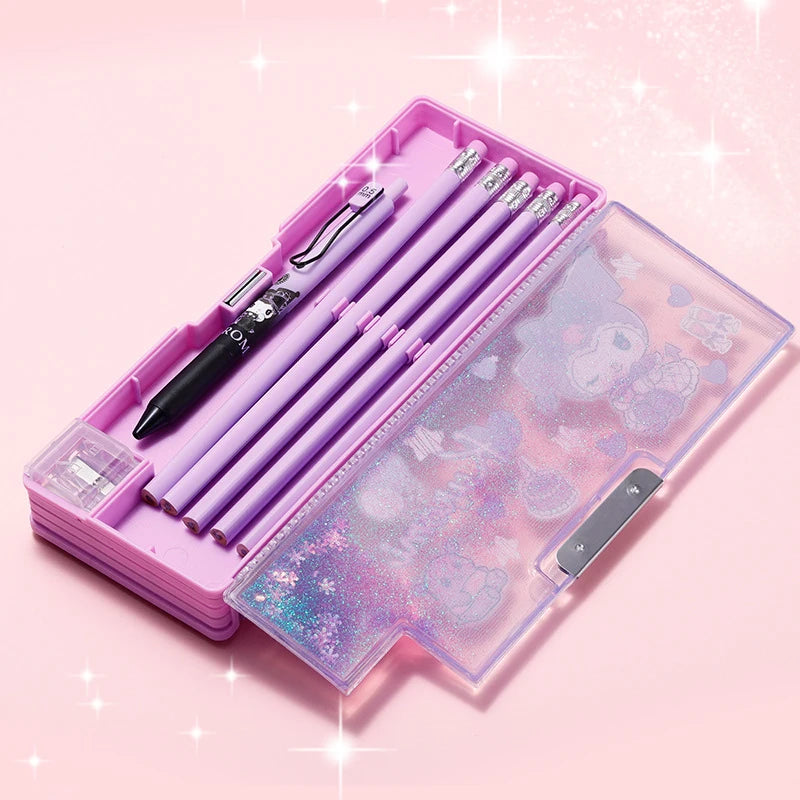 Kuroomi Pencil Case, Student Double-Sided Magnetic Clasp Pencil Case, Melody Cartoon Pencil Sharpener, Flowing Sand Pencil Case Qme