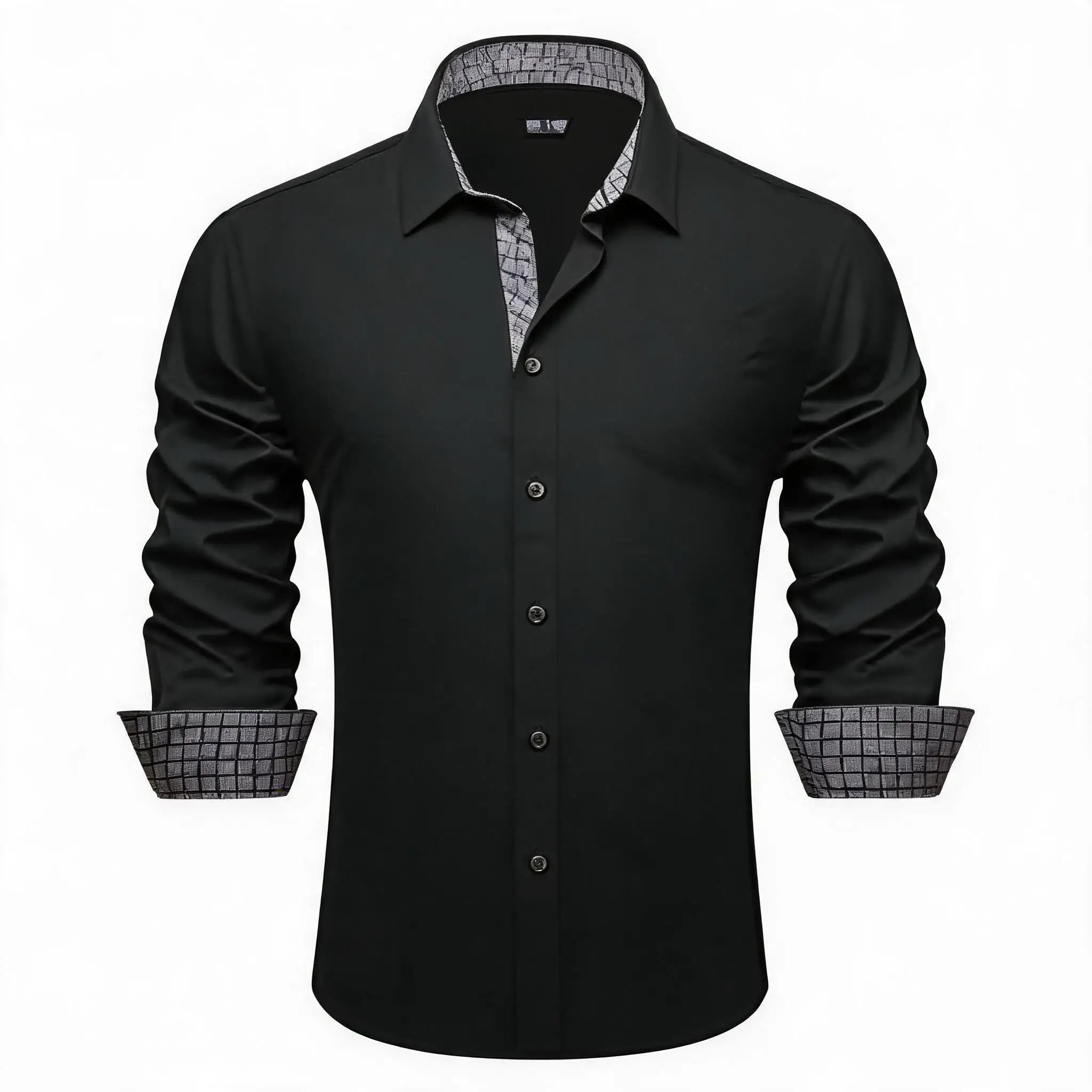 Soft Solid LS Plaid Collar Cuff Patch Shirts Black or Dark Gray Daily Office Casual Button Wear Tops Qme HT-CYDJ1185 L