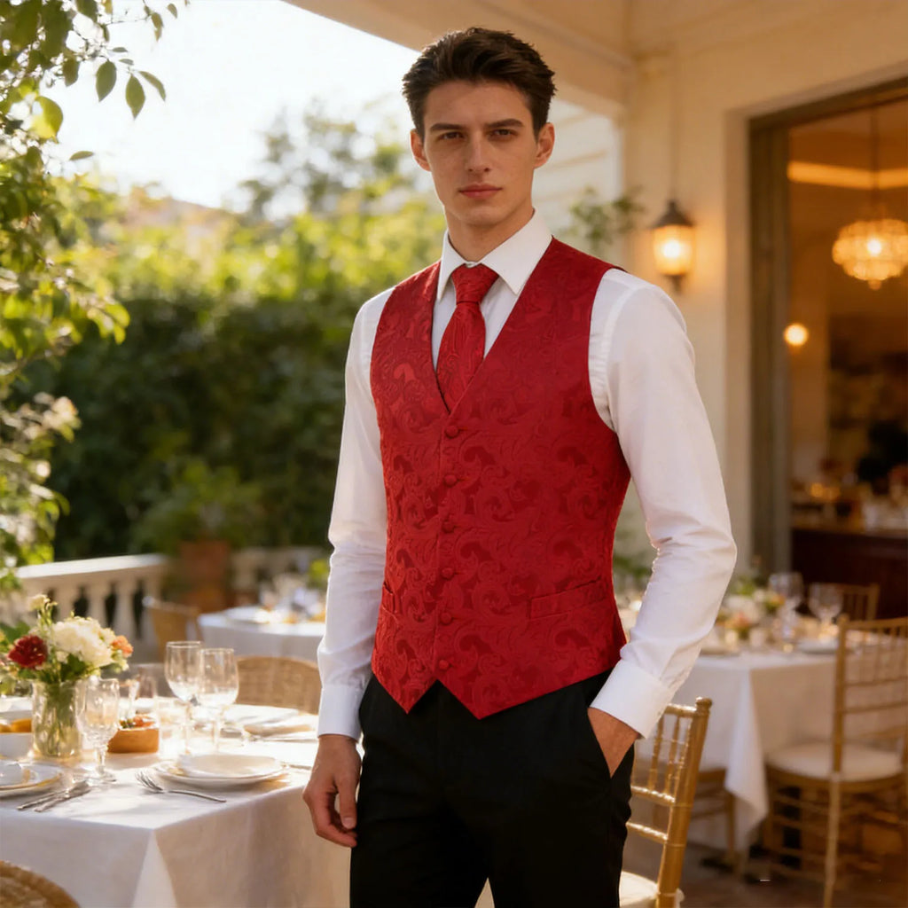 Men's Floral Vest & Tie Hanky Cufflinks Set – Formal Red Light Purple Black Jacquard Waistcoat for Weddings Events Party Gift Qme