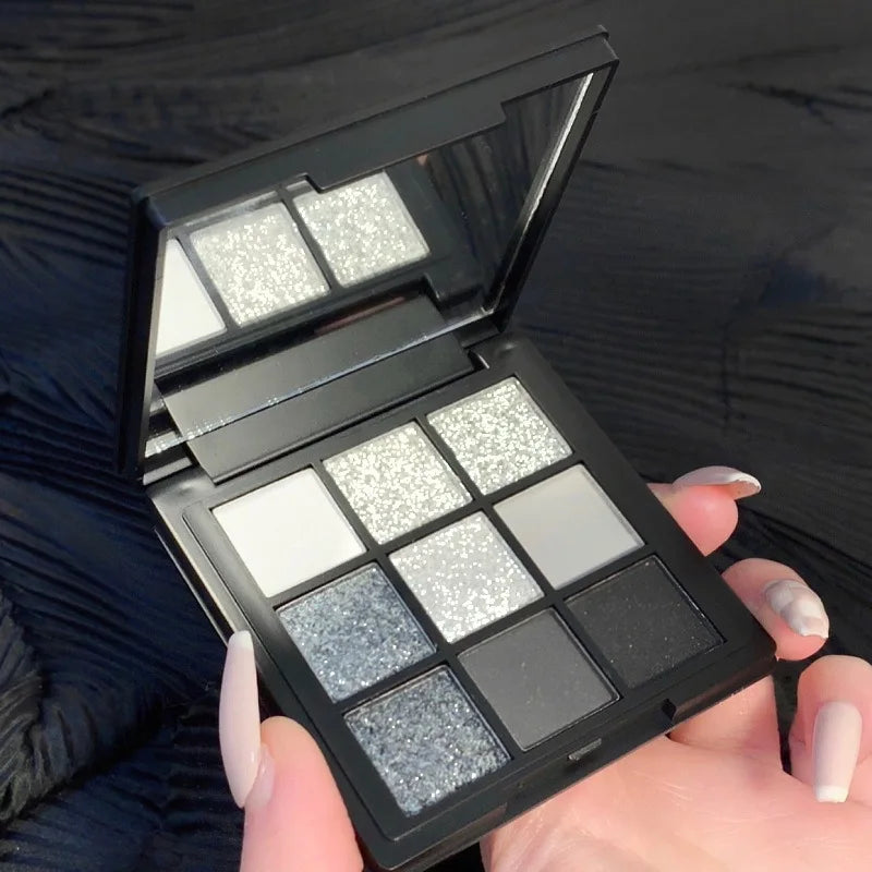9 Colors Glitter Eyeshadow Palette Punk Smokey Cool Toned Eyeshadow Palette Dark Gray Black Nude Eye Pigments Makeup Qme
