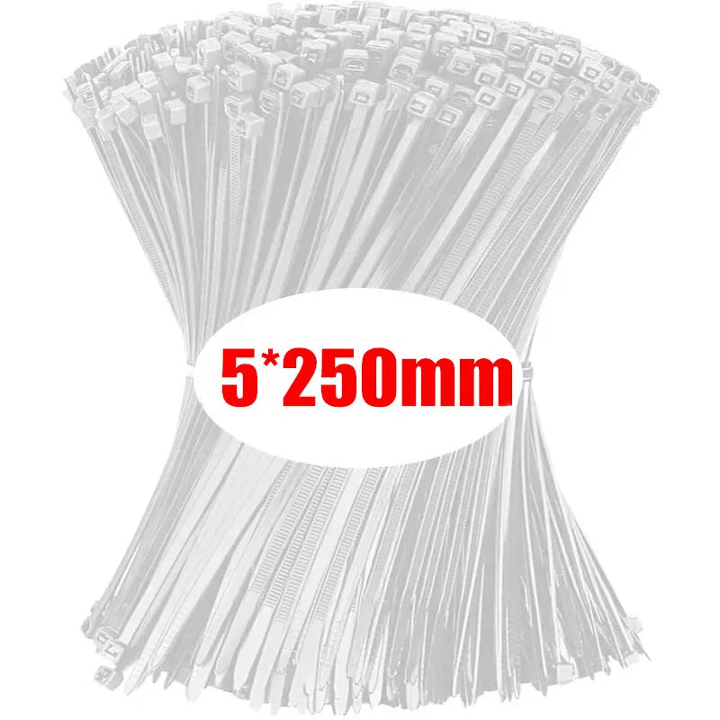 1000/100PCS Wholesale Nylon Cable Clamp Self-locking Cable Ties Adjustable Wire Zip Tie Home Office Plastic Fastening Loop Strap Qme White(5x250mm) 100PCS