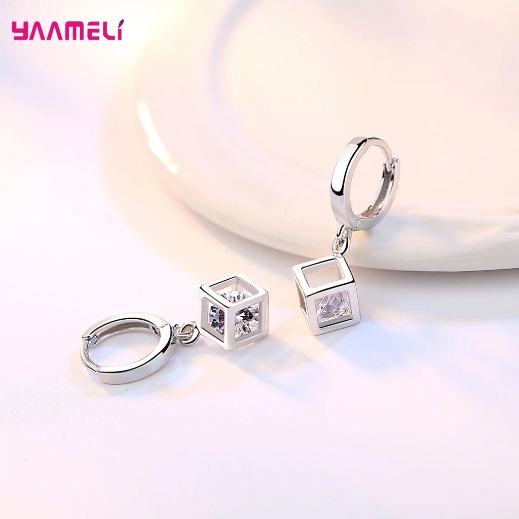Top Sale 925 Sterling Silver Color Jewelry Gift Set Cube Cubic Zircon Necklace/Earrings/Bracelet/Ring for Wedding Engagement Qme