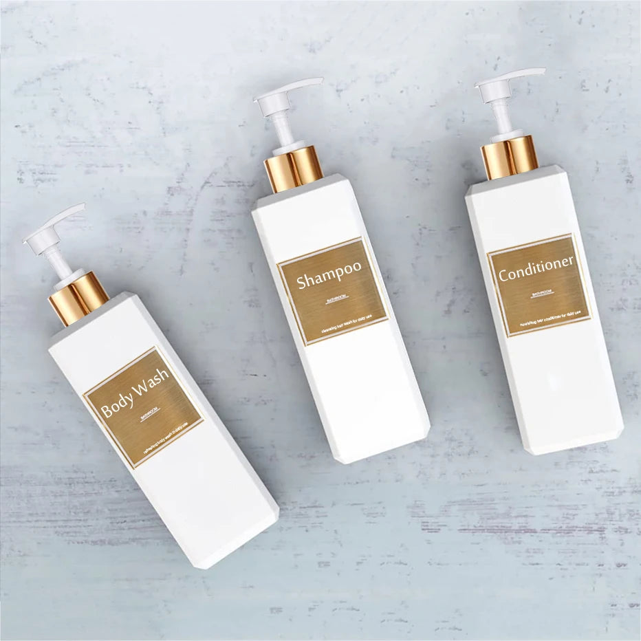 500ml/16.9oz Shampoo Dispenser Press Pump Bottle with Gold Waterproof Labels Bathroom Shampoo Conditioner Body Wash Bottles Qme