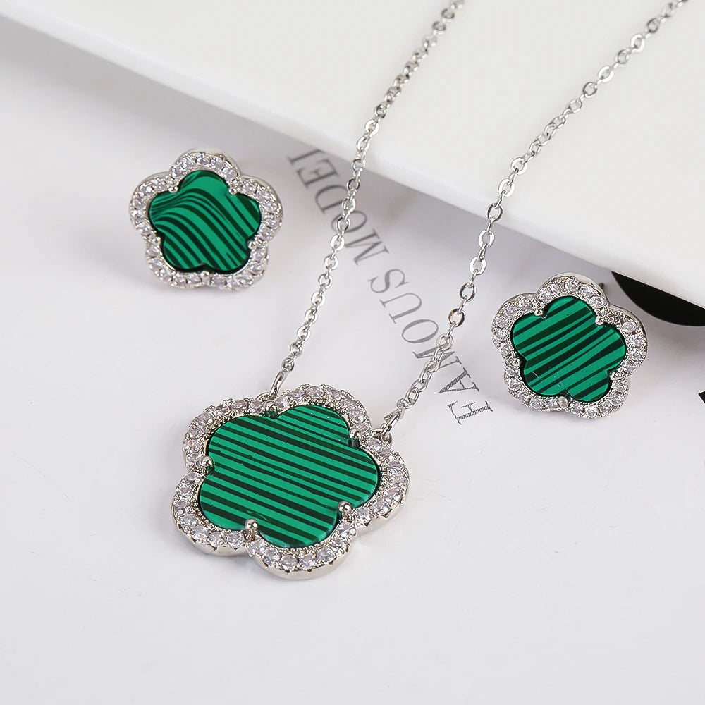 Trendy New Sweet Fashion Natural White Solid Five Leaf Petals Women Jewelry Set Necklace Earrings High Quality Gift Qme 12