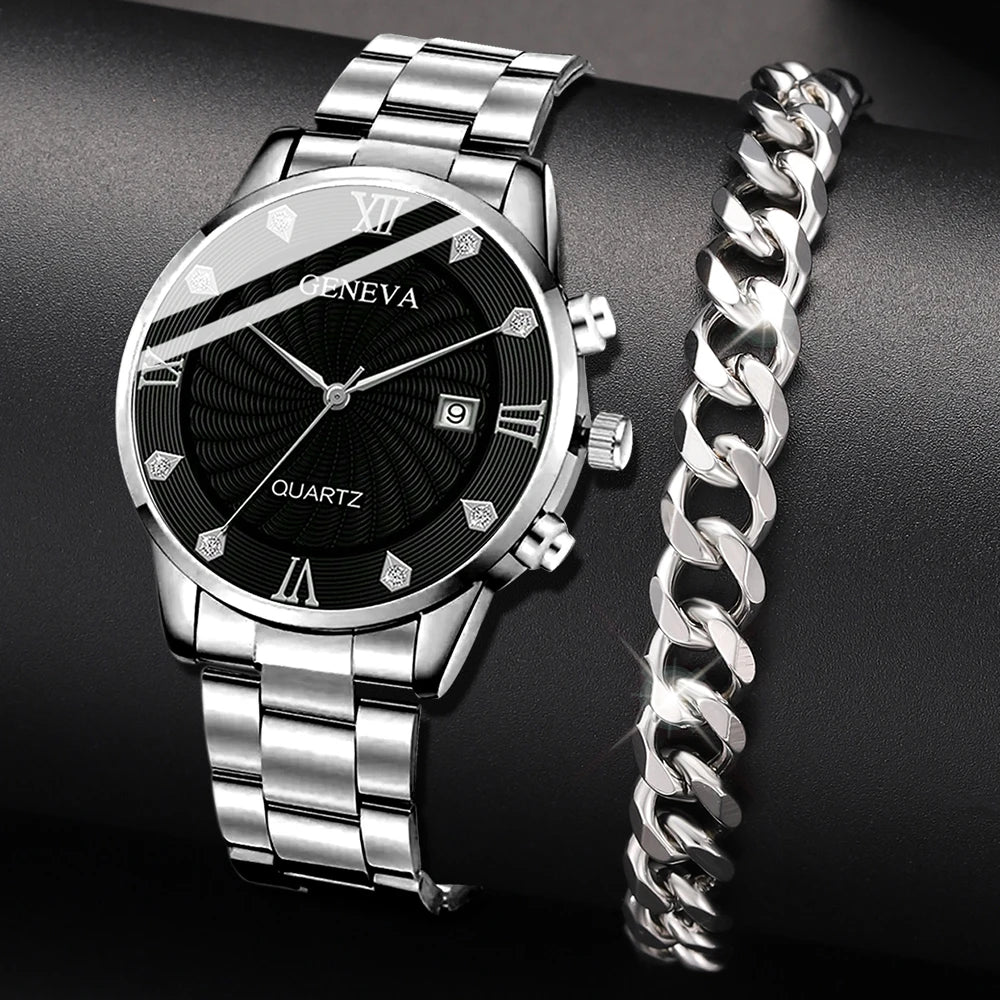 2PCS/SET Fashion Men's Watch Business Trend Versatile Quartz Watch Bracelet Set is The Perfect Gift Set For Friends or Fathers Qme