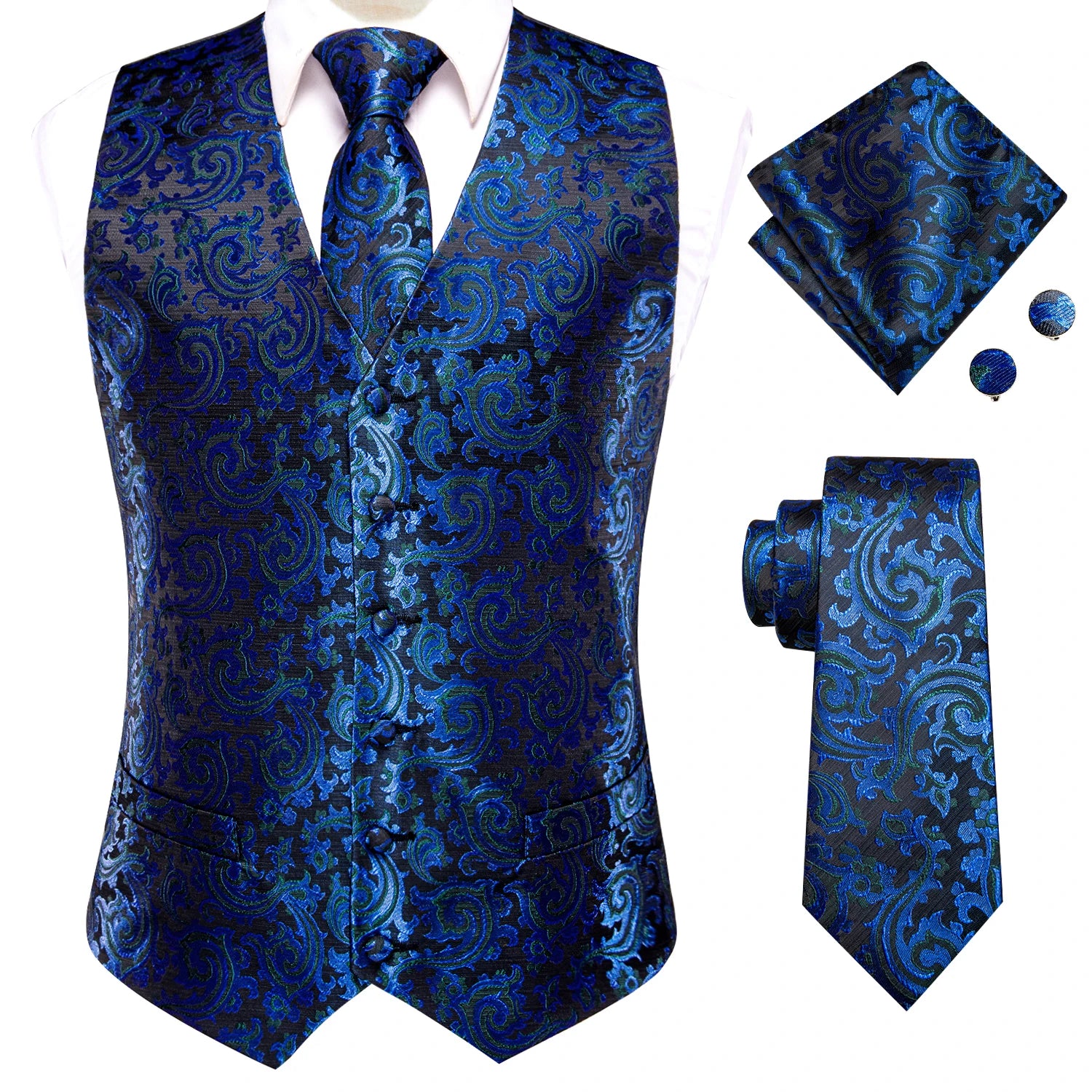 Hi-tie Black Men Vest Paisley Jacquard Necktie Hankerchief Cufflinks Qme