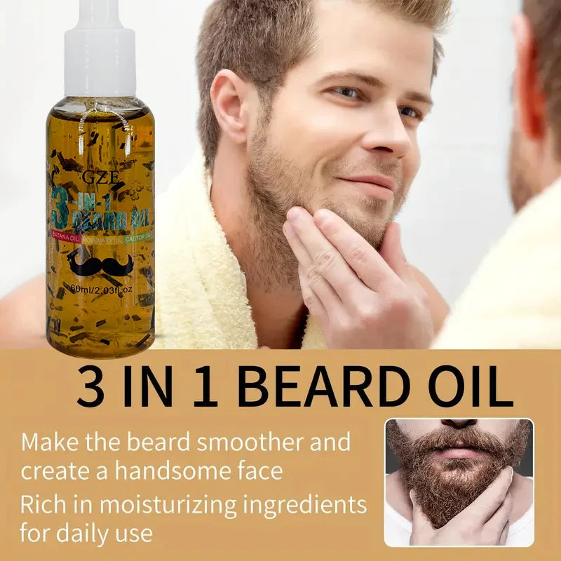 GZE 3-in-1 Beard Oil for Care - Moisturizes Beard & Conditions Skin - Eliminates Flakes - For Men with Short or Long Facial Hair Qme