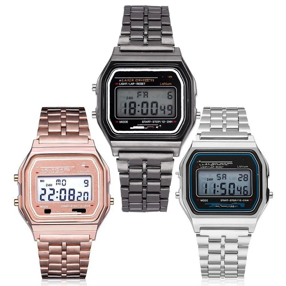 Steel strip LED electronic watch ultra-thin gold and silver cold light watch F91W steel strip original wind Fashion multifunctio Qme