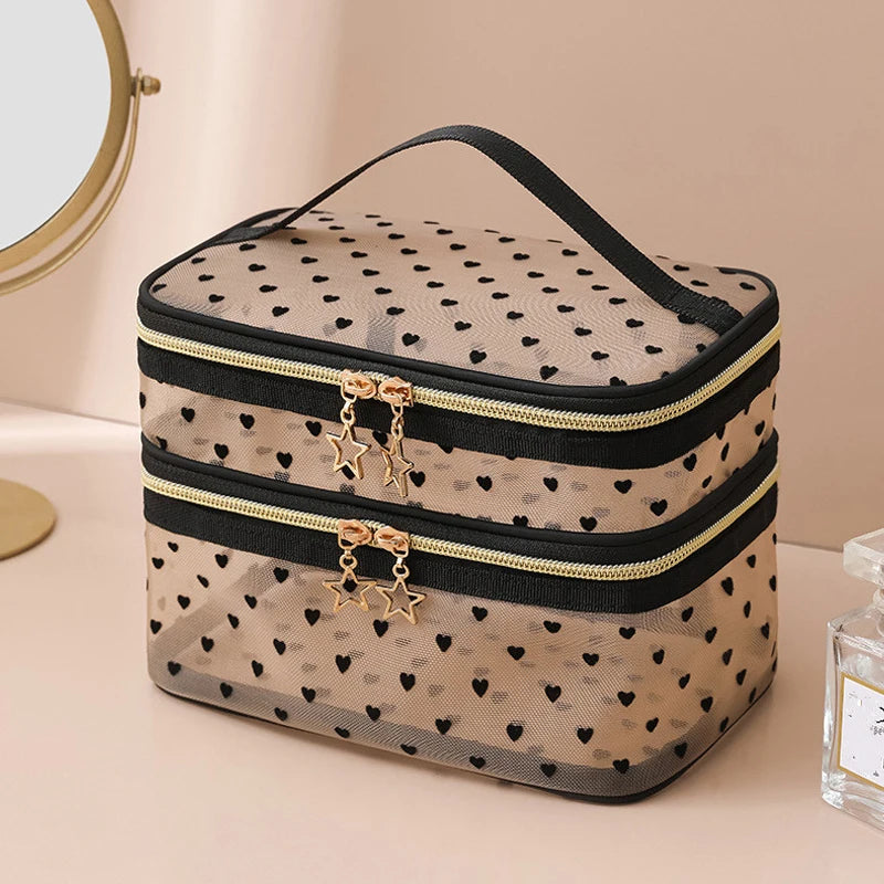 Women Toiletry Bag Double Layer Design Cosmetic Large Capacity Mesh Qme