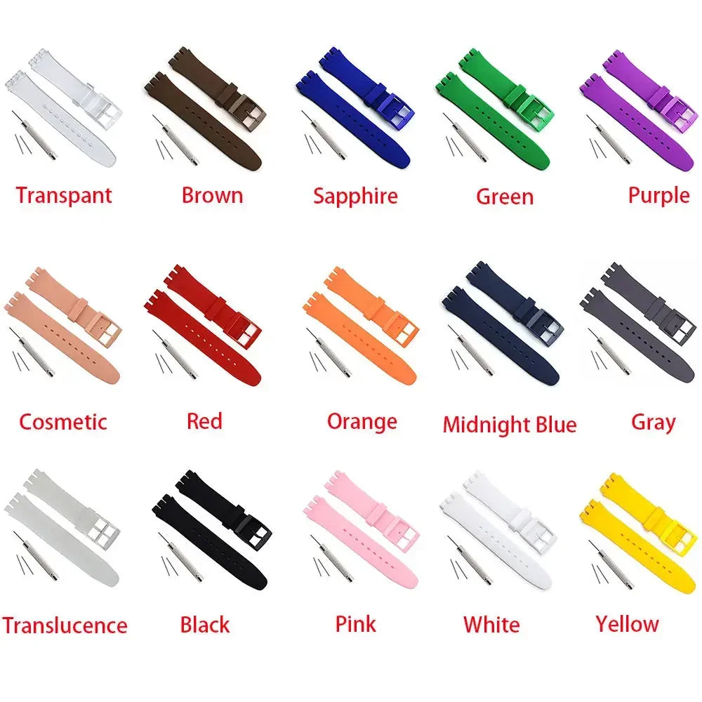 16mm 17mm 19mm 20mm Soft Silicone Bracelet Colorful Watchband for Swatch Watch Strap Replacement Watches Accessories with Tool Qme