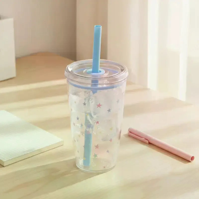 450ml Plastic Straw Cup Tea Coffee Milk Simple Straws Sweet Cute Star Cup Friend Gifts Qme