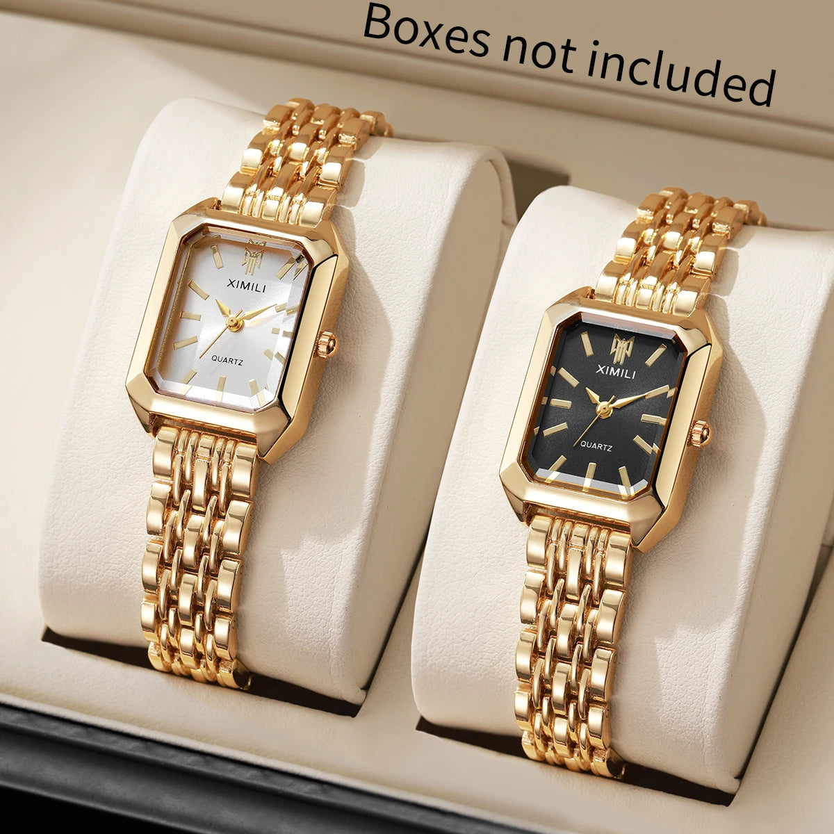 Fashion Ladies Rectangle Dial Dress Watch Golden Metal Strap Watch Qme 2PCS Without Box