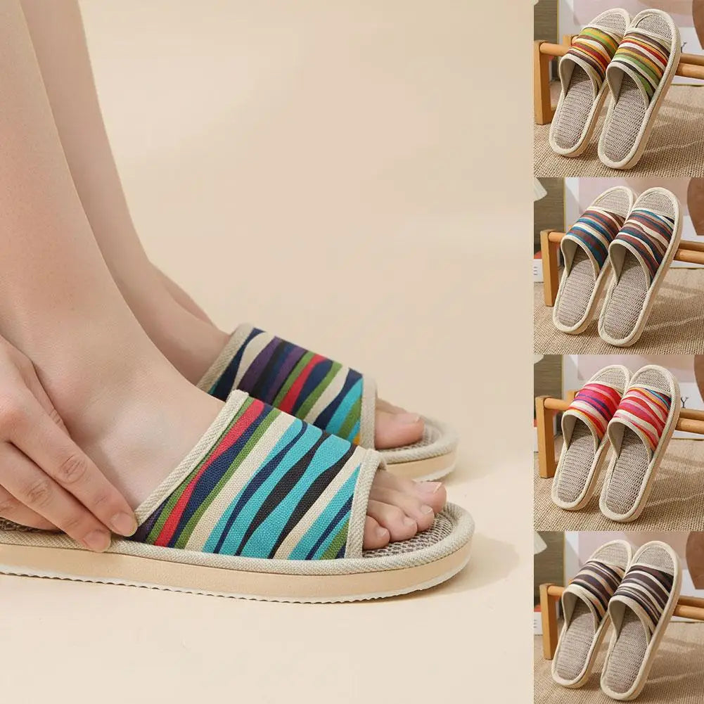Four Season Couple's Multicolor Linen Slippers Women Indoor Striped Non-Slip Sandals Men Comfort Indoor Floor Breathable Slides Qme