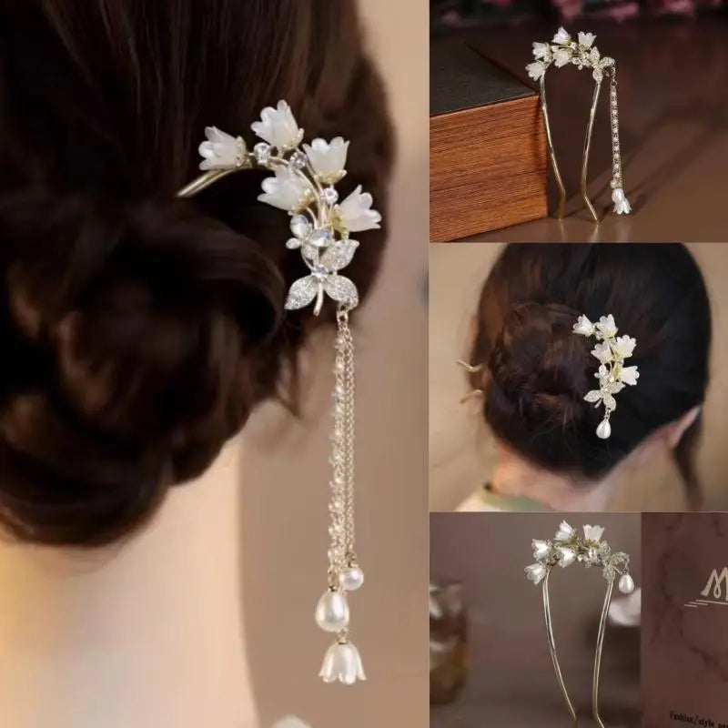 Chinese Hanfu Hair Accessories Long Tassel Vintage Lily Valley Qme