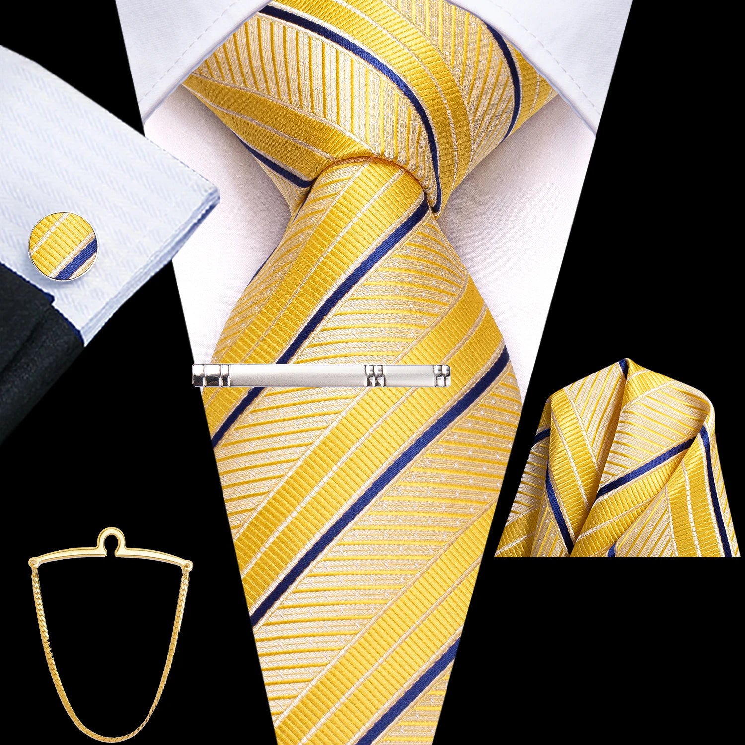Hi-Tie Men's Smart Business Tie Set 5 Pcs - Striped Tie, Handkerchief, Cufflinks, Lapel Clip, Chain Qme QQ-3702