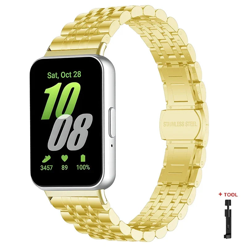 Stainless Steel Strap For Samsung Galaxy Fit 3 Metal Bracelet Luxury Bussiness Band For Samsung Galaxy Fit3 SM-R390 Accessories Qme Gold-Tool For Galaxy Fit3