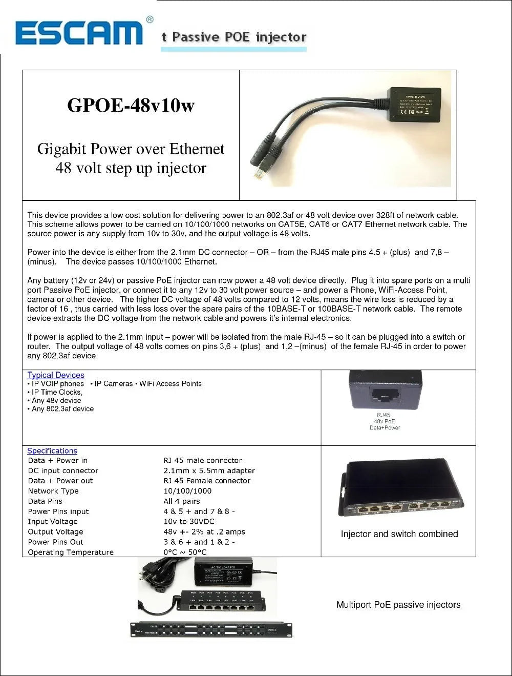 ESCAM Power Over Ethernet Output 48Volts PoE Converter for any 802.3af or 48V devices Qme