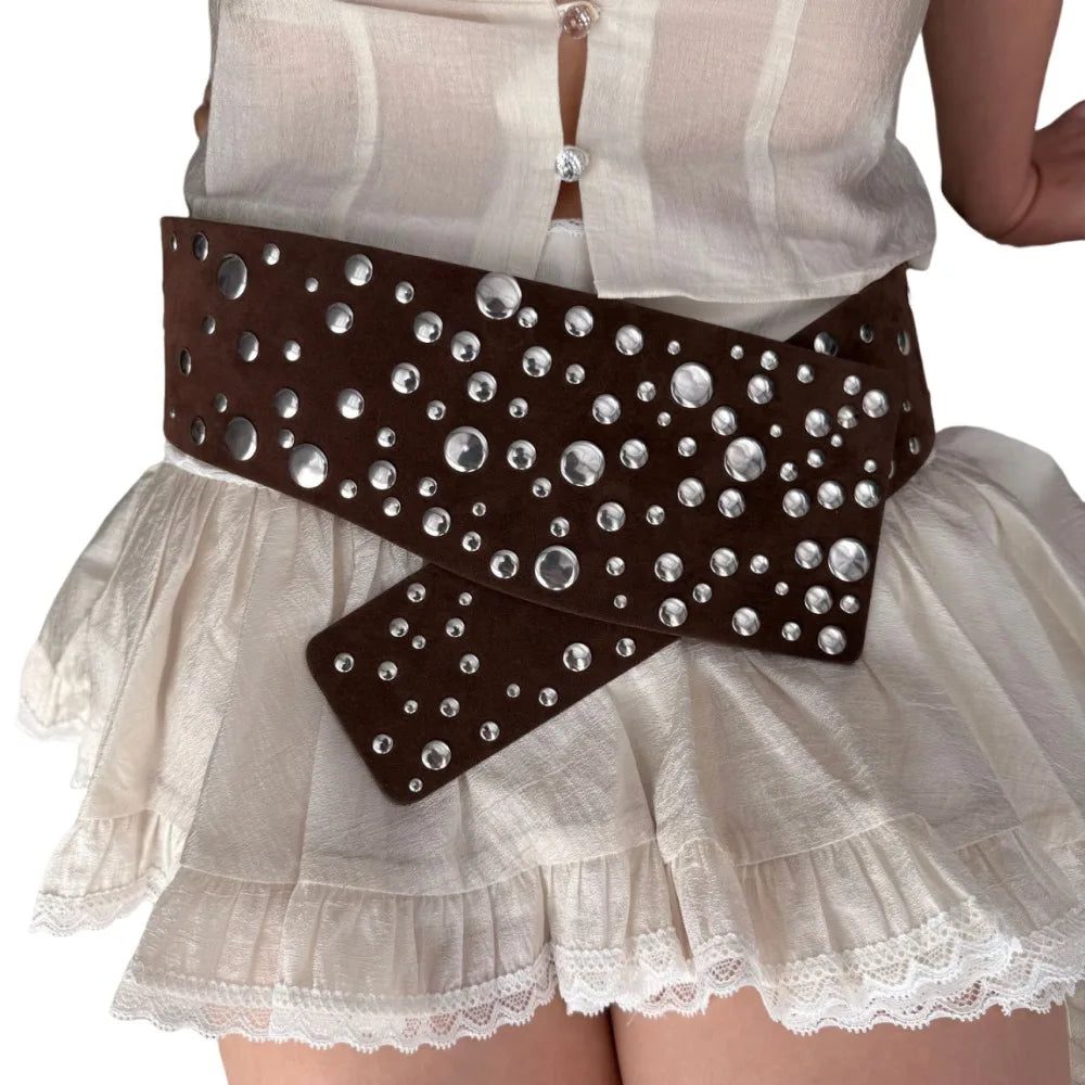 PU Leather Rivets Extra Wide Belt Y2K Exaggerated Studded Wide Waistband Punk Versatile Irregular Decorative Belt Concert Qme Brown