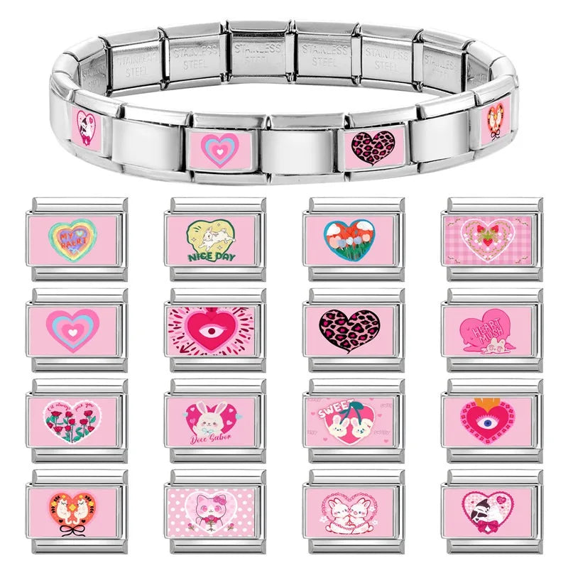 2025 New Cute Rabbit Cats Heart Flowers Italian Charm Link fit 9mm Stainless Steel Jewelry DIY Making Bracelets Gifts Wholesale Qme