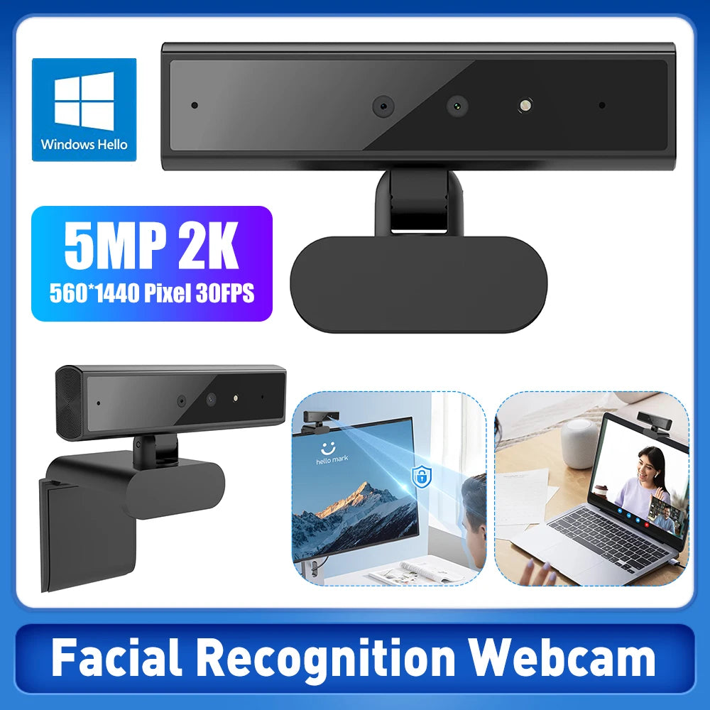 Facial Recognition Webcam for Windows Hello 2K Webcam 5MP Web Camera Facial Recognition Login For Laptop PC Camera with Mic Qme