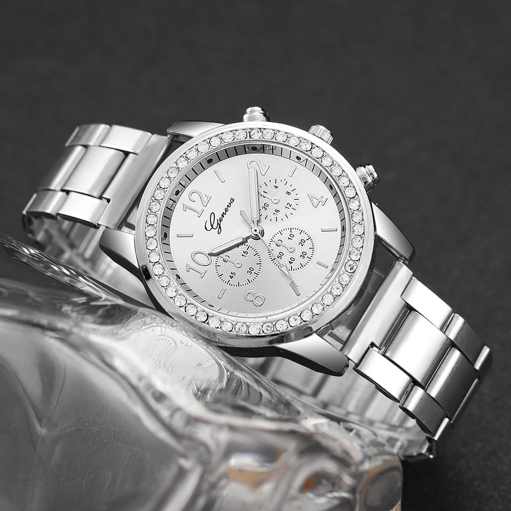 5PCS/Set Fashion Rhinestone Women's Watch Silver Alloy Band Analog Quartz Watches Bracelets Set Qme