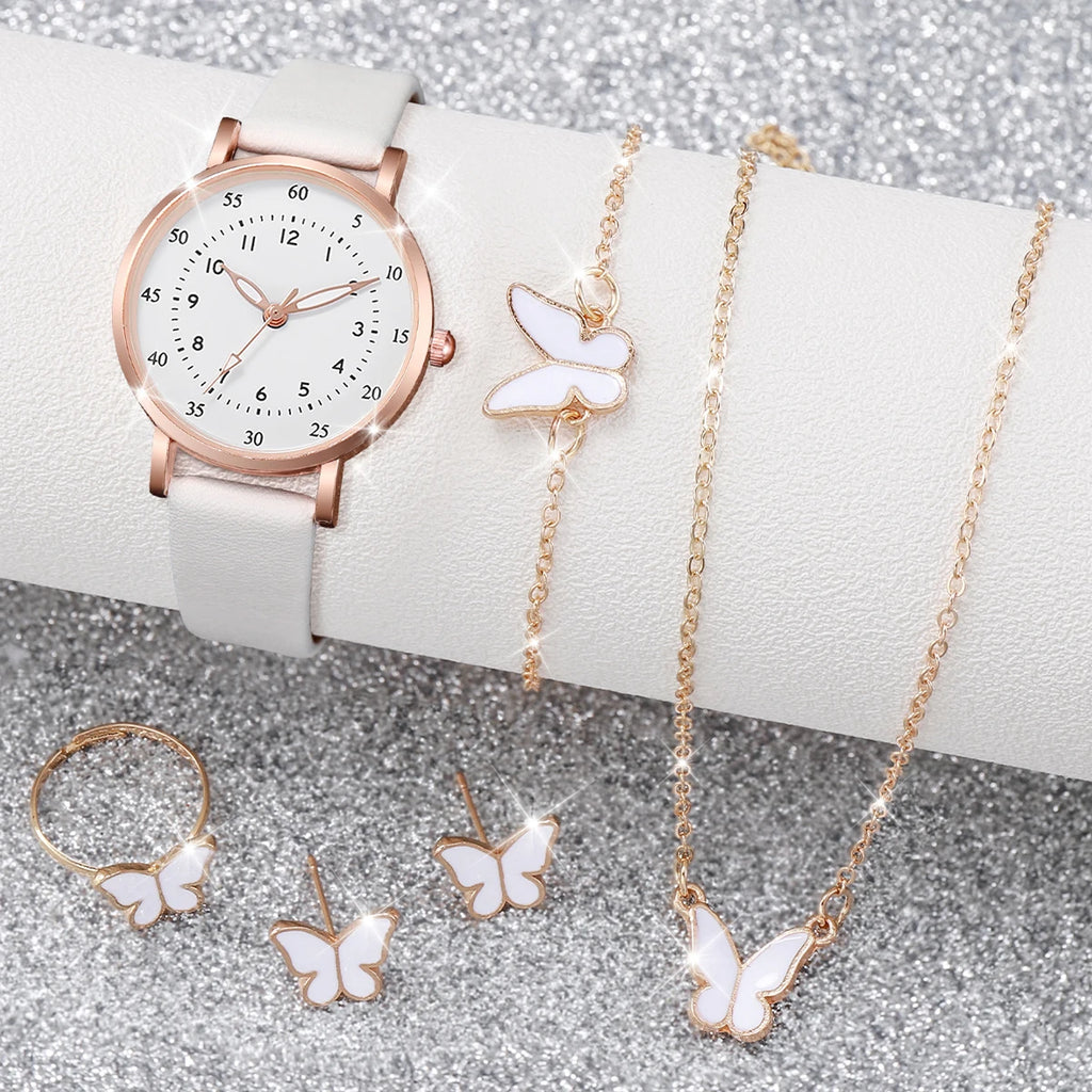 6PCS/Set Women's Quartz Watch Fashion Arabic Dial Leather Band Quartz Watch Jewelry Set（Without Box） Qme A No