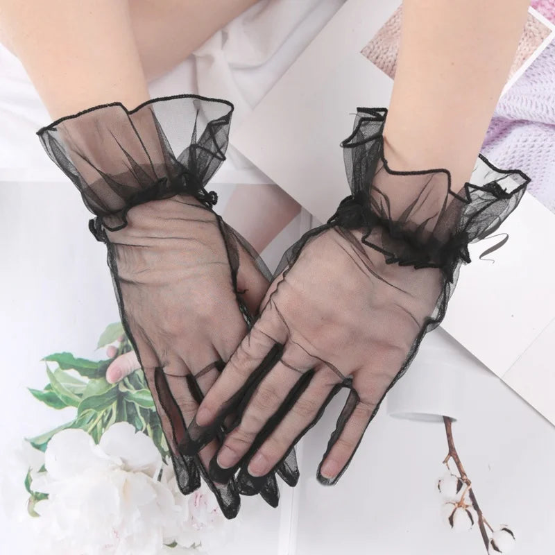 Sexy Transparent Lace Black White Gloves Solid Fashion Women Drive Qme