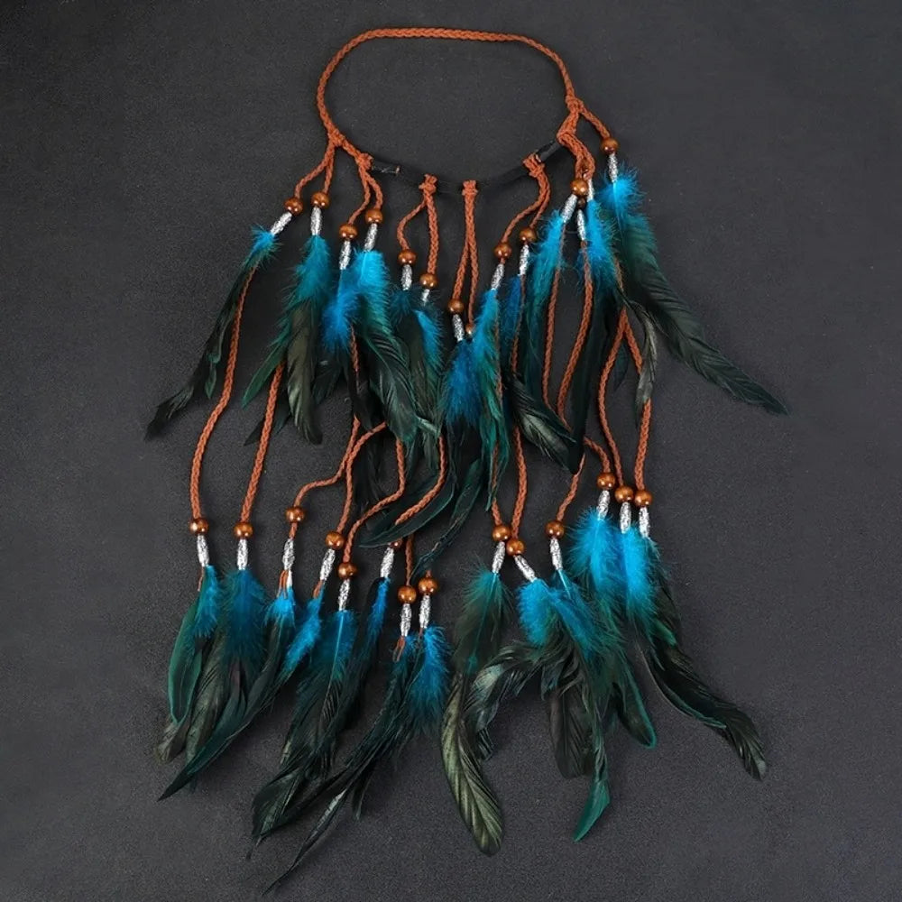 Synthetic Braided Cord Boho Feather Headpiece Vibrant Orange Plumage Adjustable Slide Bead Tribal Hair Extension Secure Fit Band Qme Lake Blue