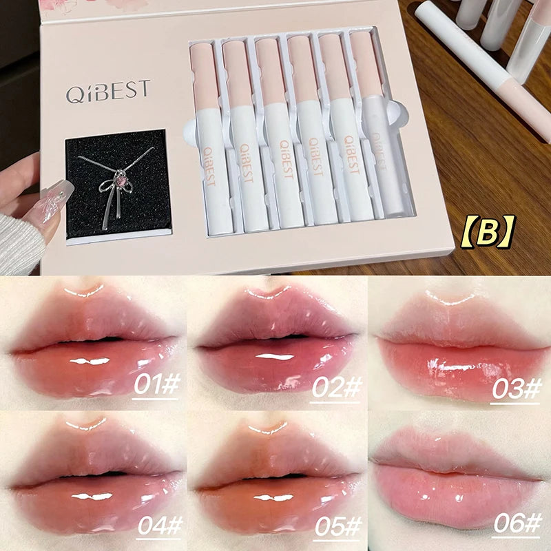 QIBEST 6Pcs/Box Matte Lipstick Sets And Mirror Watery Lip Glaze Lasting Lip Makeup Sets Moisturizing Lipgloss Necklace Gift Qme B Lip Glaze