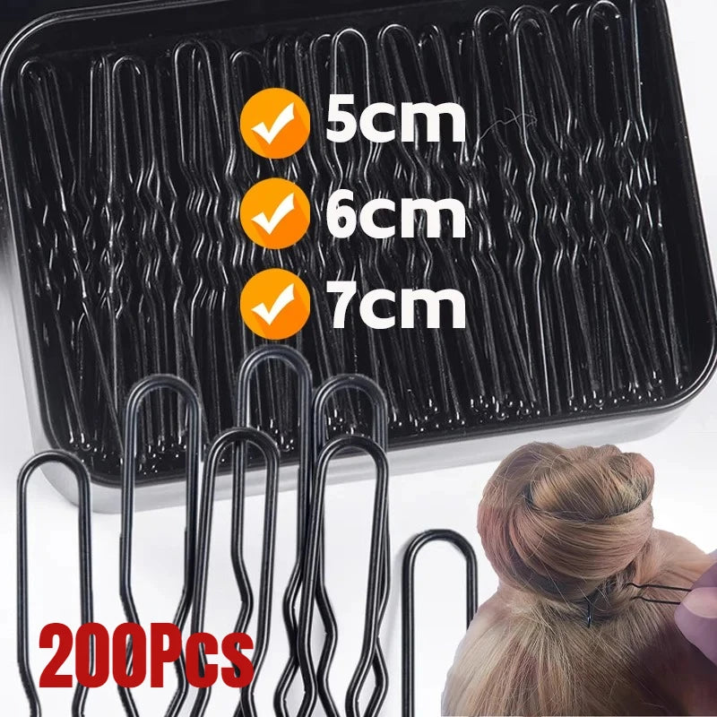 50/200Pcs New Women Hair Waved U-Shaped Bobby Pin Barrette Salon Grip Clip Bridal Hairpins Black Metal Hair Accessories for Bun Qme