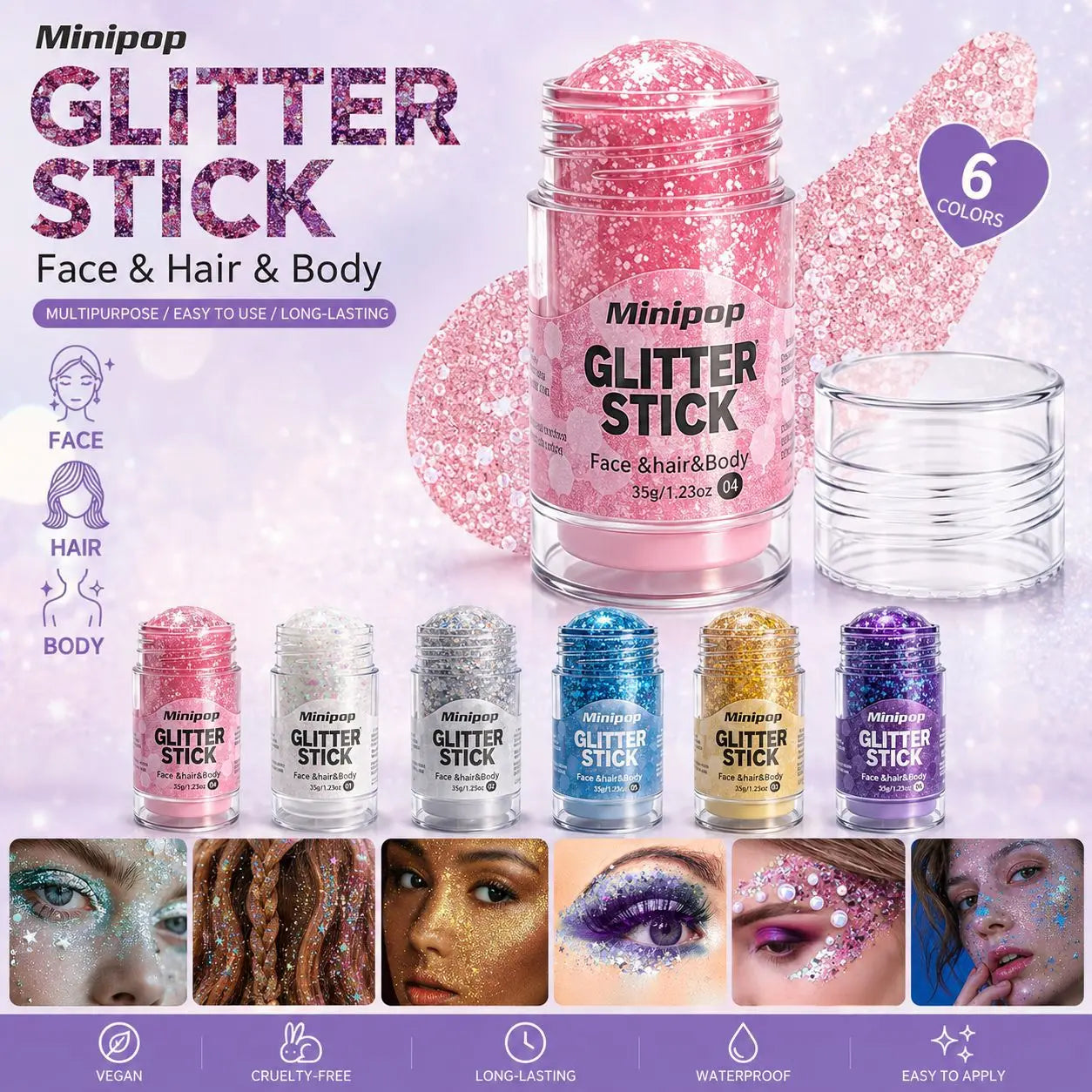 Aurora White Glitter Sequins Stick Face Hair Body Glitter Gel Waterproof Long Lasting Green Purple Shimmer Makeup Party Cosmetic Qme
