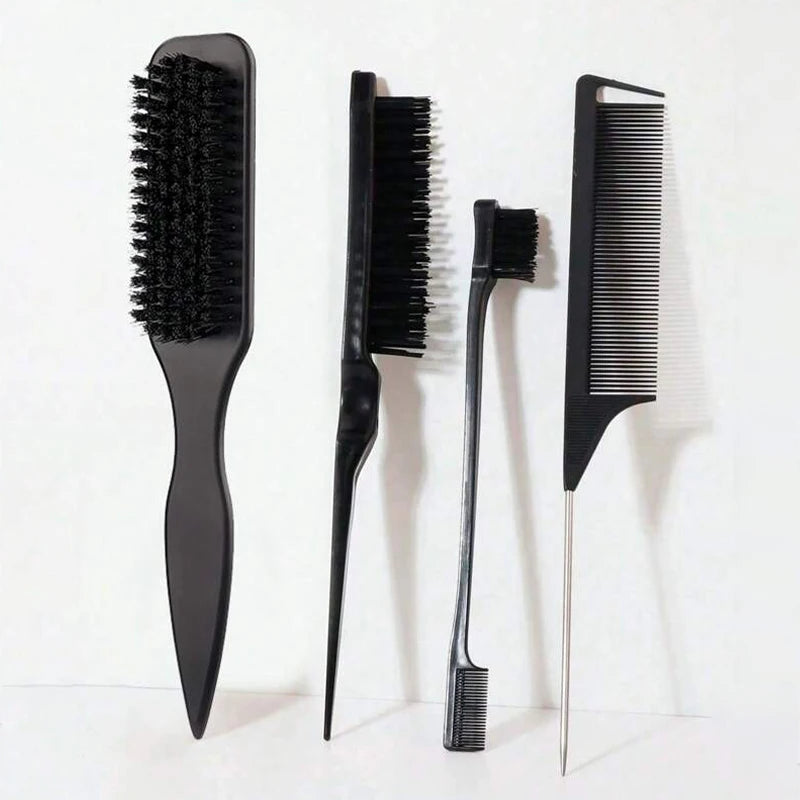Boar Bristle Slick Back Hair Brush for Sleek Ponytail Bun & Smoothing Baby Hairs, Flyaways, Edge Control - Backcombing & Teasing Qme 4PCS Black Set