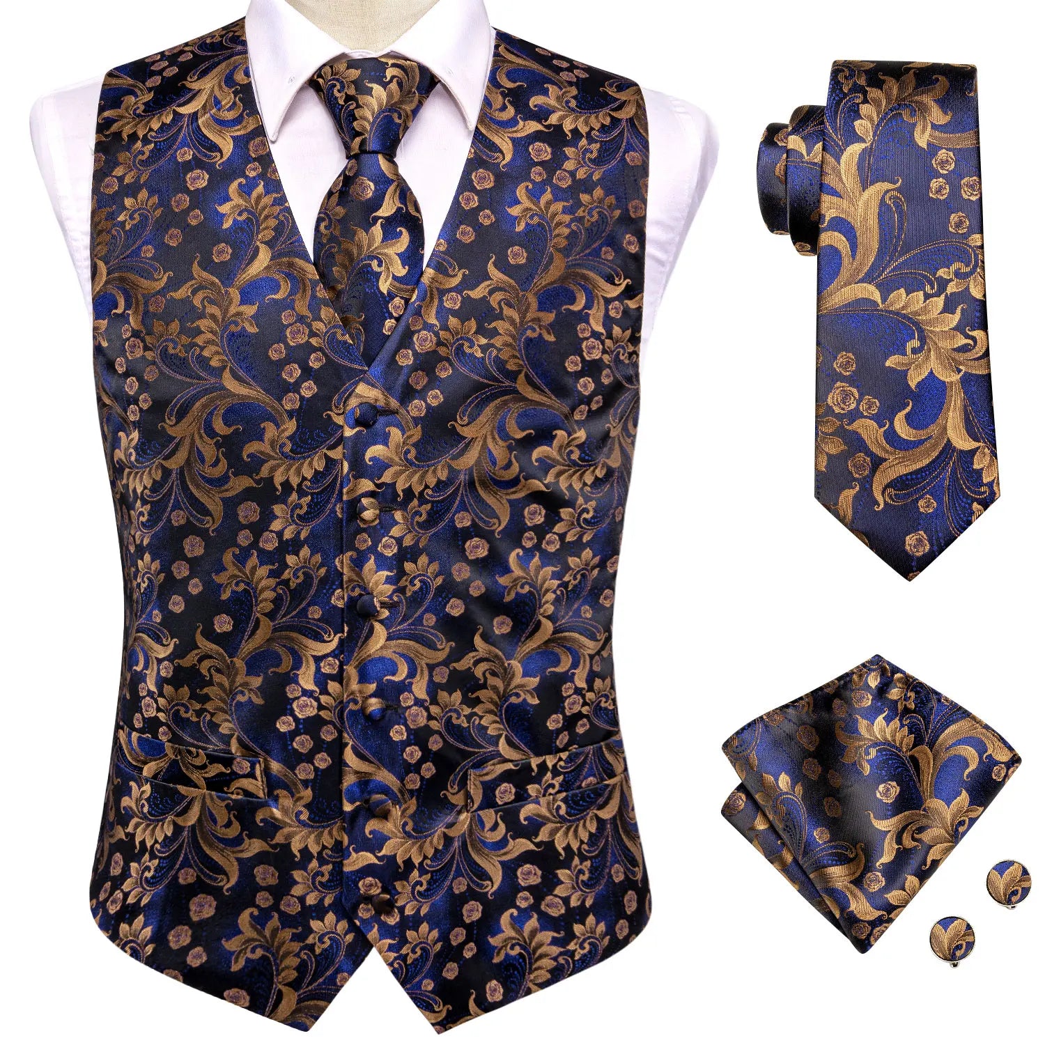Hi-tie Black Men Vest Paisley Jacquard Necktie Hankerchief Cufflinks Qme MJ-3006 S