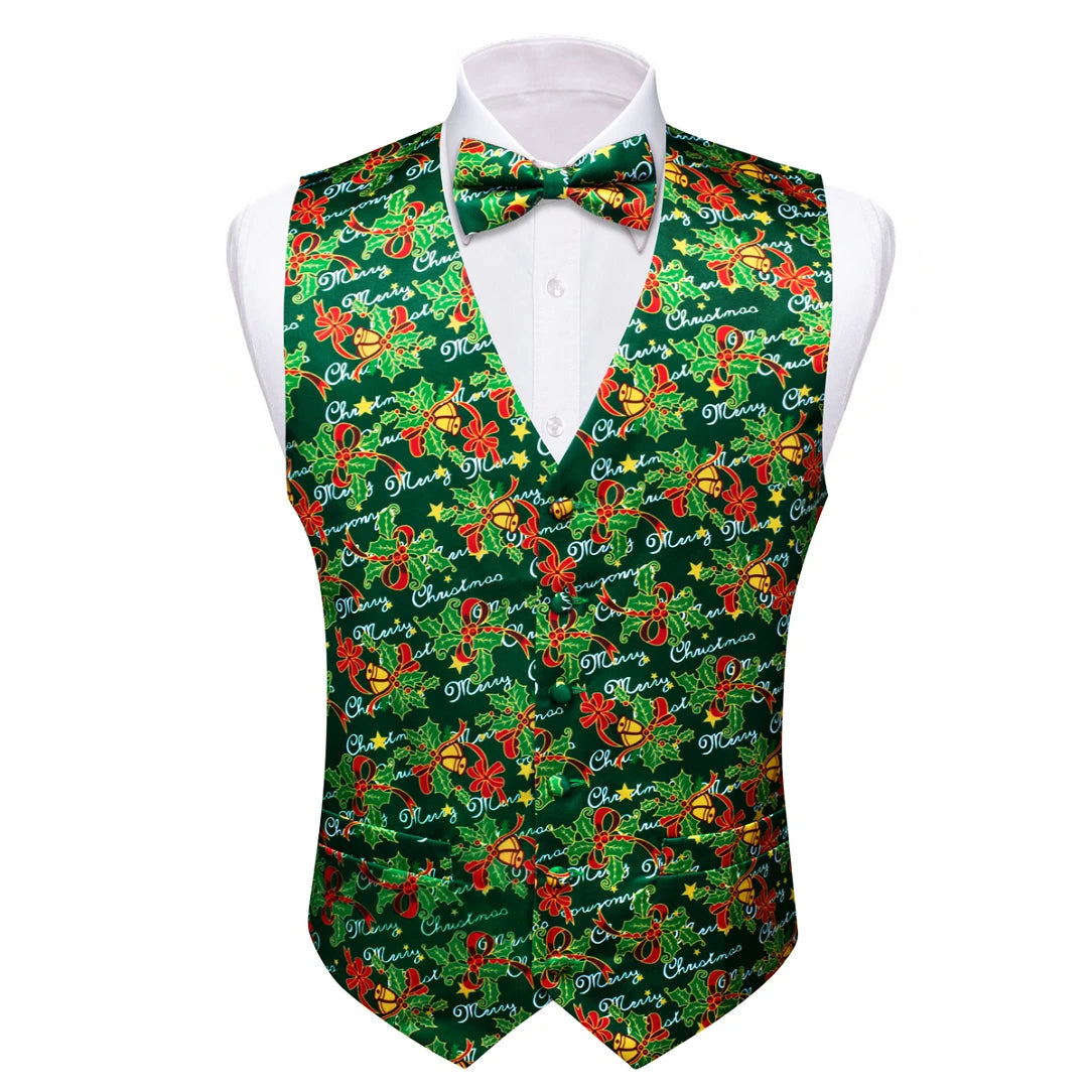 Christmas Colorful Vest Bow Tie Pocket Square Cufflinks Set 4 Pieces Xmas Wedding Party Suit Accessories Gifts for Dad Boyfriend Qme