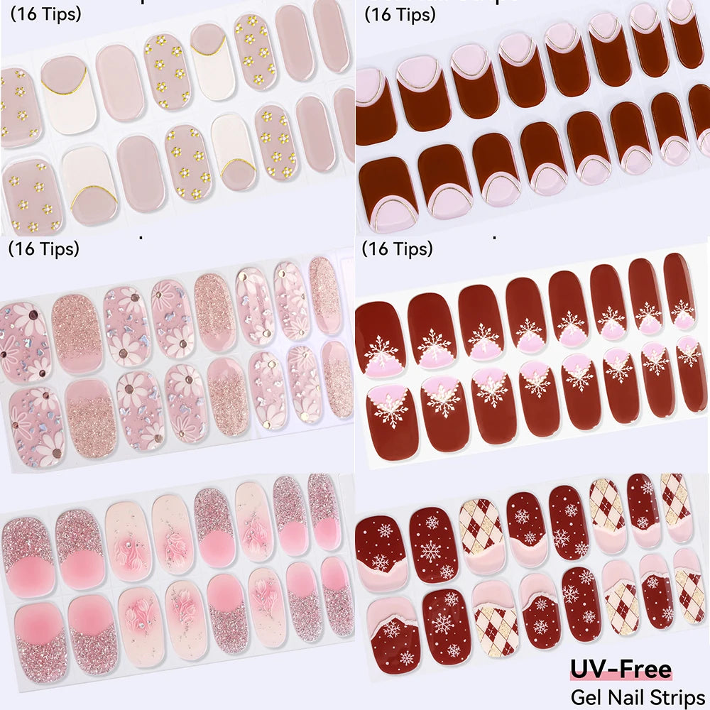 16Tips Pink Red French UV-Free Gel Nail Stickers Sparkly Shinning Qme