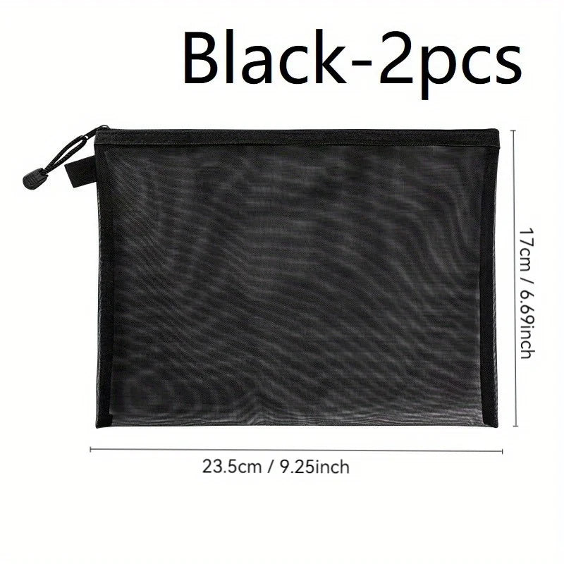 2-Piece Nylon Zipper Mesh Bag Set - Multifunctional Travel Storage Bag and Cosmetic Bag - Durable, A5 Size - Black, White, Grey Qme