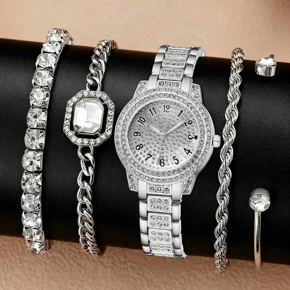 Full diamond silver steel band women's watch diamond bracelet Fried Dough Twists bracelet earrings five piece set accessories Qme Silver