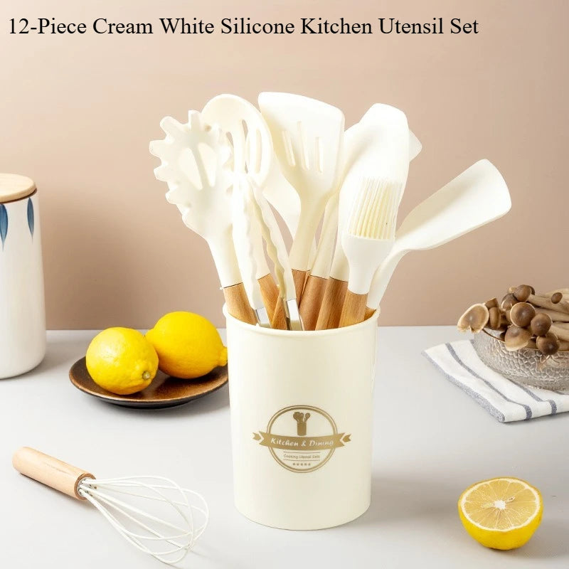 2/12Pcs White Silicone Kitchen Utensils Set with Wooden Handle,Cookware Spatula, Heat Resistant Non-stick Kitchen Cooking Tools Qme