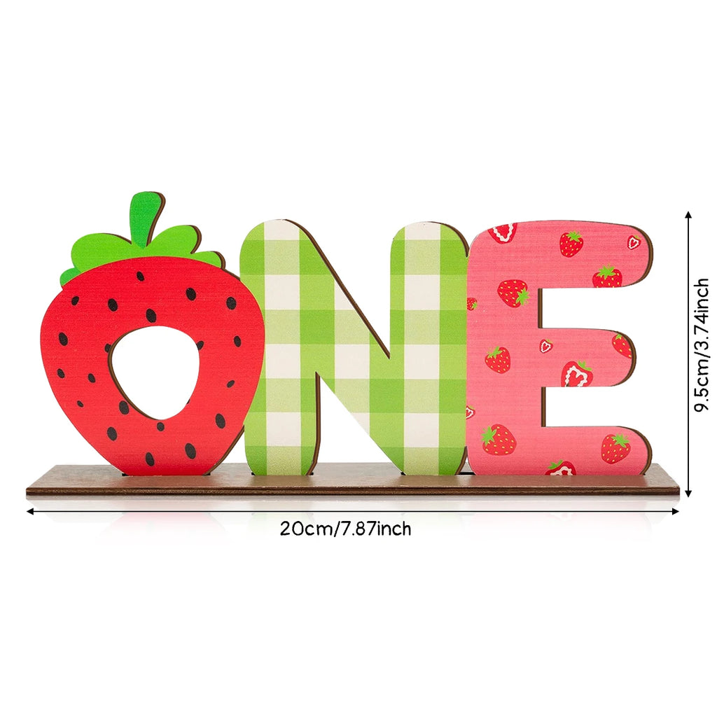 1SET 2D cartoon strawberry green pink grid "ONE" letter wooden desktop decoration, birthday party desktop decoration Qme