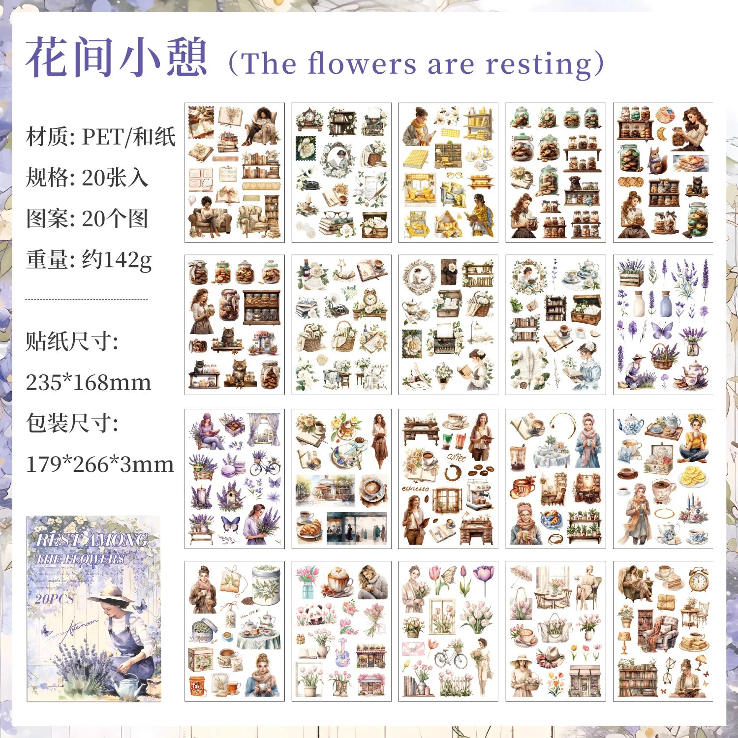 20 Sheets Retro Flower character PET Die cut Stickers book Handmade Decorative Scrapbooking Account Creative Stationery Supplies Qme D
