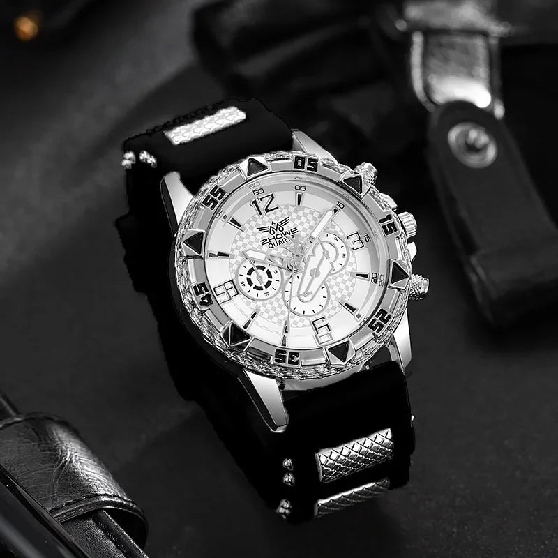 Três Eye Mixed Bar Scale Dial, refinado Silicone Quartz Watch, negócio elegante Qme