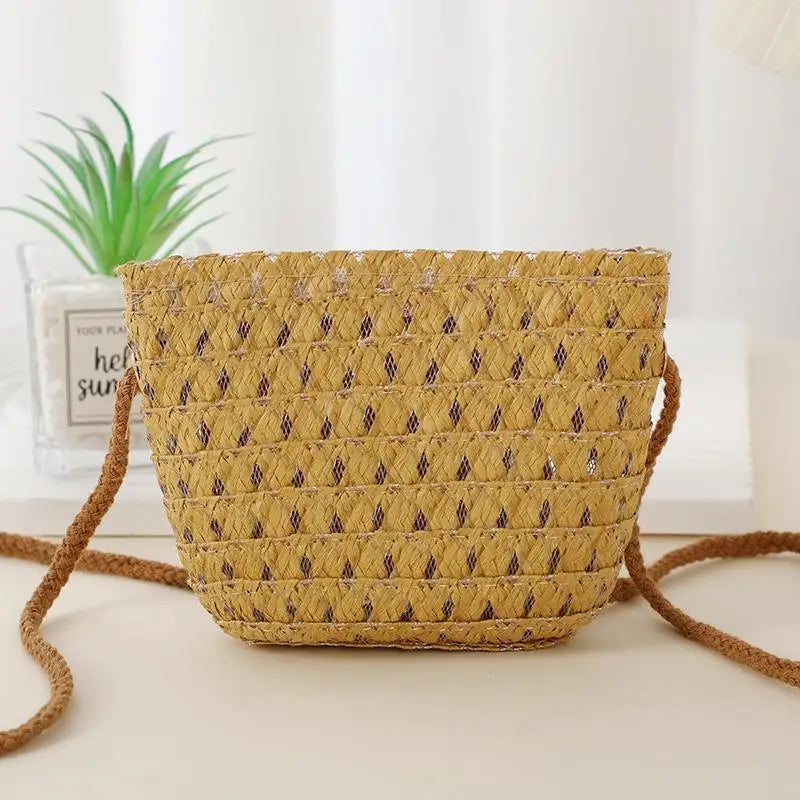 Hollow Handwoven Shoulder Handbag Mini Straw Bag Crossbody Bag Kid Summer Beach Straw Bag Envelope Wallet For Wowen Girls Qme Brown