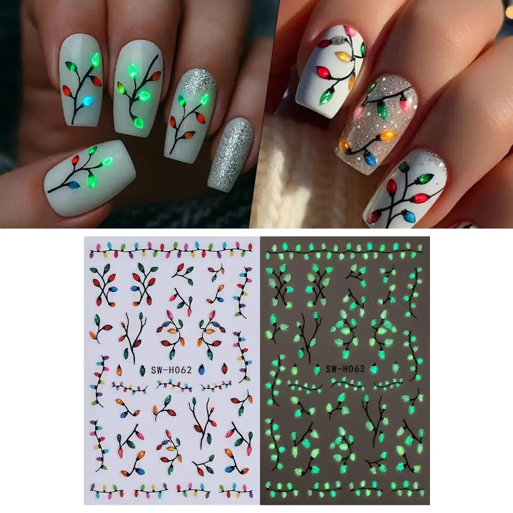 Christmas Nail Art Stickers Decals Luminous Xmas Stars Trees Nail Stickers Glow In Dark Christmas Light Nail Stickers Decoration Qme