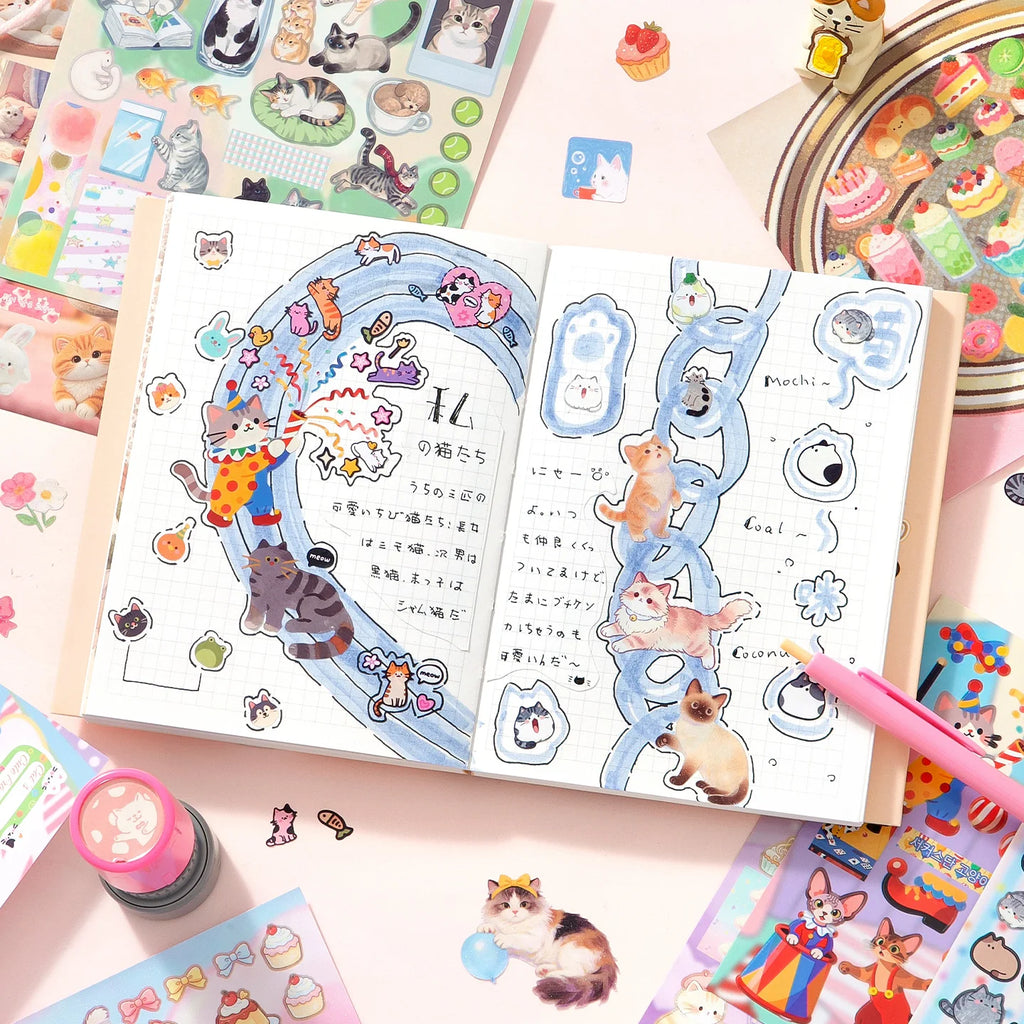 TIANZI Cute Cat Theme Kawaii Stationery Die Cut Sticker Book 30/60 Sheets DIY Handmade Scrapbooking Decoration Supplies Qme