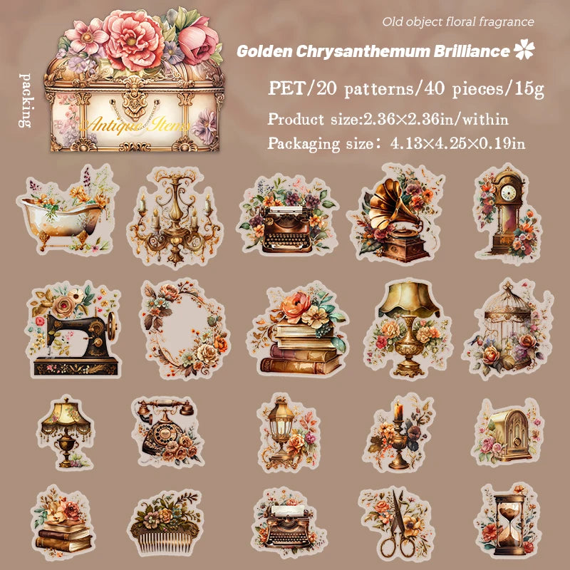 40 pcs Vintage Transparent PET Stickers pack INS Flowers Old items Decorative Scrapbooking material Diy junk journal supplies Qme B