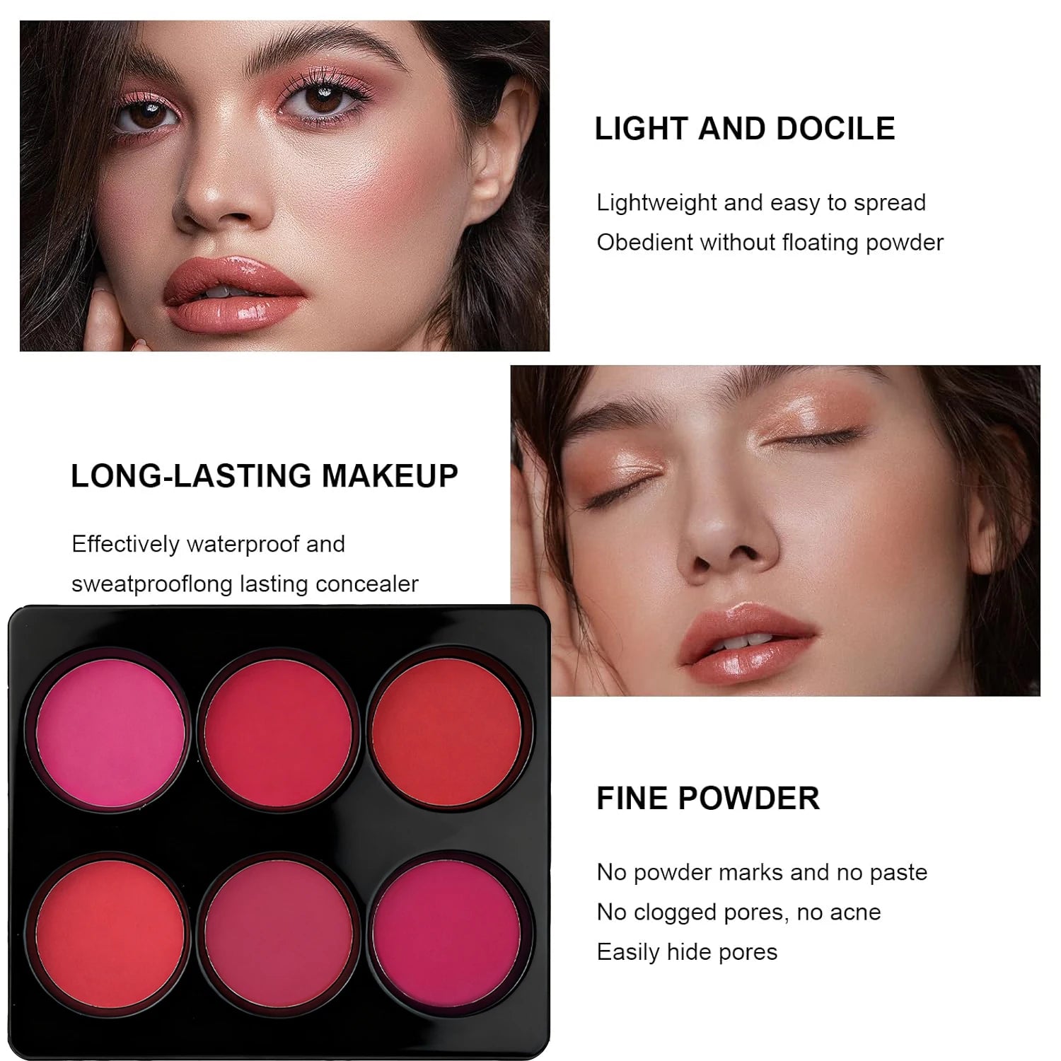 6 Colors Blush Palette for Cheeks,Face Matte Contour Blush Makeup Palette,Buildable Shimmer Facial Cheek Blusher Shades Qme