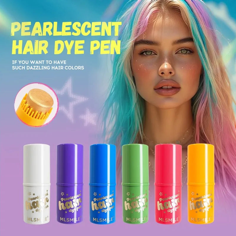6 Colors Temporary Hair Color Stick, Pearl Shimmer Comb Hair Dye Pen, Washable Waterproof Hair Chalk for Party Cosplay &Festival Qme